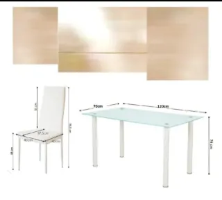 Mesa de cristal con 4 sillas blancas