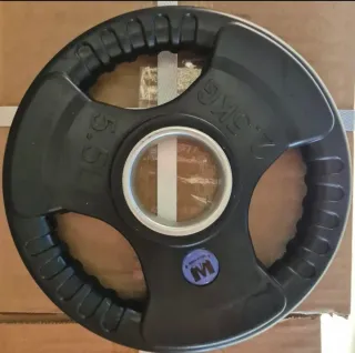 Vendita di 2 dischi olimpici da 5 kg ciascuno con 3 impugnature