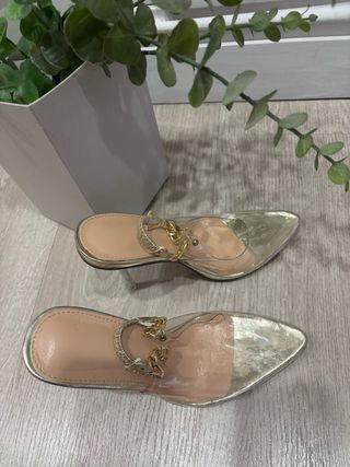 Zapatos tacón transparente dorados talla 36