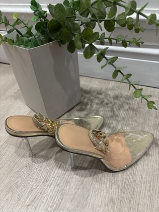 Zapatos tacón transparente dorados talla 36