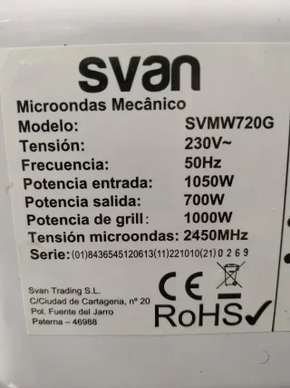 Microondas segunda mano Svan blanco 20 litros