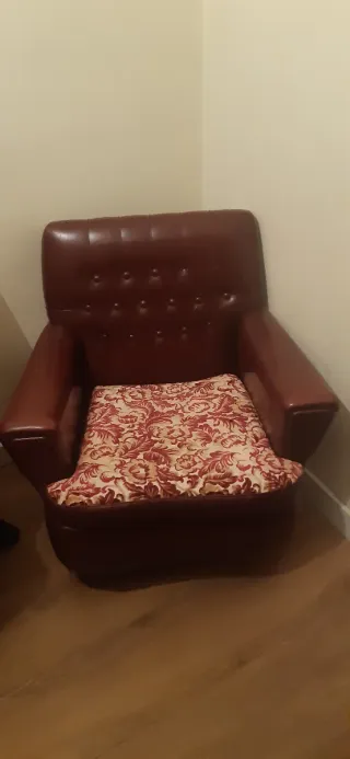 Butaca de piel granate con cojín estampado