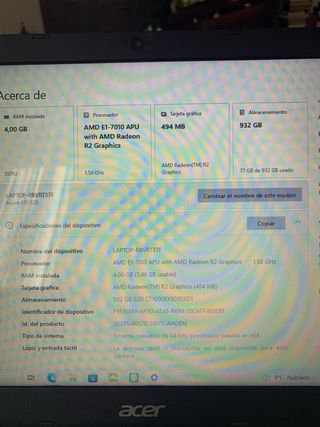 Portátil Acer Aspire ES1523 AMD E1-7010 SSD 932 GB