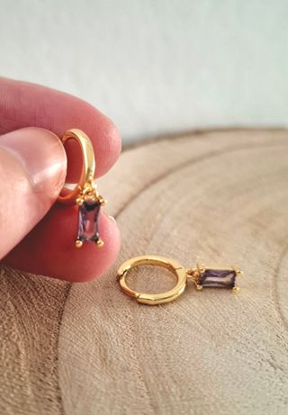 Pendientes aro dorado cristal swarovski lila plata