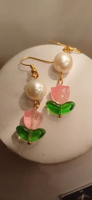 Orecchini Perle e Tulipani Rosa e Verdi