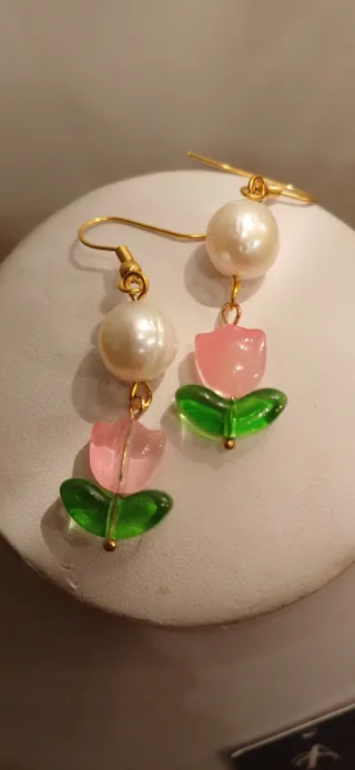 Orecchini Perle e Tulipani Rosa e Verdi