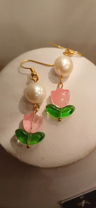 Orecchini Perle e Tulipani Rosa e Verdi
