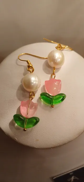 Orecchini Perle e Tulipani Rosa e Verdi