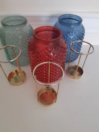 Set 3 Portacandele Vetro Blu ,Rosso, Verde