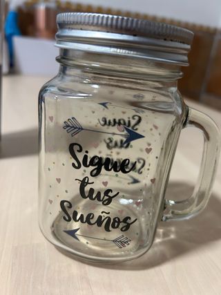 Vaso de vidrio con tapa diseño Sigue tus sueños