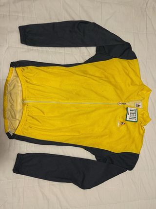 Nuova maglia Fridal a manica lunga con etichetta, taglia S/G, giallo e grigio, 100% poliestere, traspirante, bici MTB e strada