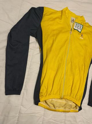 Nuova maglia Fridal a manica lunga con etichetta, taglia S/G, giallo e grigio, 100% poliestere, traspirante, bici MTB e strada
