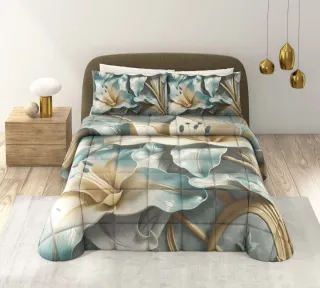 Trapunta con disegno piuma oro e grigio