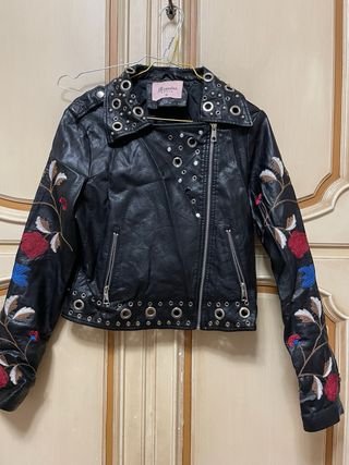 Giacca Pelle Nera Ricamata