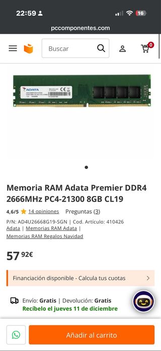 2x Adata DDR4 8GB RAM 2666MHz