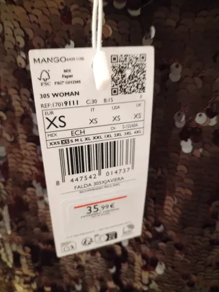 Falda Mango Lentejuelas Midi Talla XS Nueva