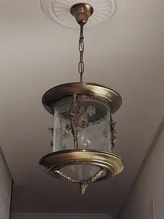 Farol colgante antiguo latón y cristal grabado