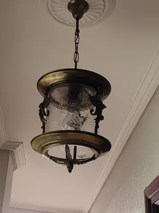 Farol colgante antiguo latón y cristal grabado