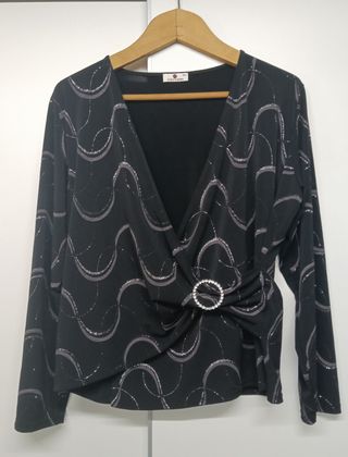 Blusa Punto Roma Negra Talla SG con Brillo