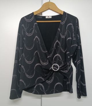 Blusa Punto Roma Negra Talla SG con Brillo