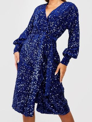 Elegante vestido cruzado azul marino lentejuelas n