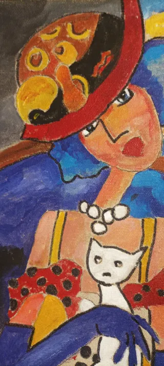 Pintura abstracta mujer con gato