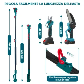 Kit Potatura 3in1 Cesoia Motosega Asta 2 Batterie