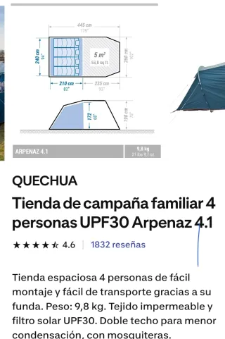 Tienda campaña Quechua 4.1 y varillas recambio