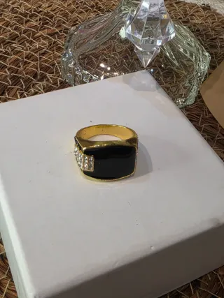 Anillo Plata Ley Onix Negro y Dorado