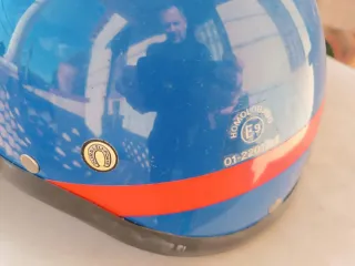 Casco Moto Vintage Azul con Tira roja