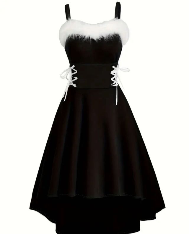 Vestido negro con cordones y pelo blanco