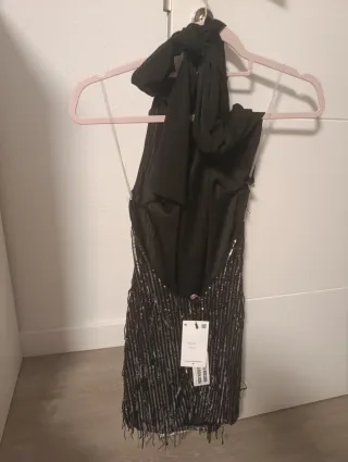 Vestido mini glitter flecos negro