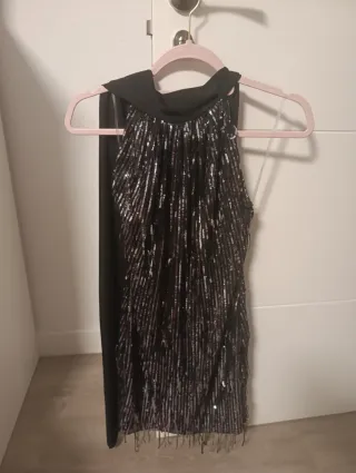 Vestido mini glitter flecos negro