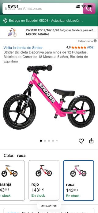Bicicleta Strider Rosa 12 Pulgadas