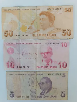 3 Billetes Turquía 50, 10, 5 Liras