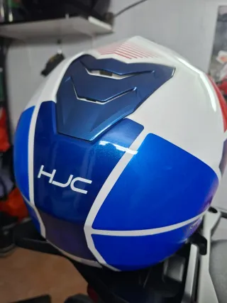 Casco de moto MODULAR  HJC blanco, azul y rojo