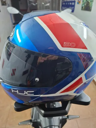 Casco de moto MODULAR  HJC blanco, azul y rojo