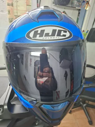 Casco de moto MODULAR  HJC blanco, azul y rojo