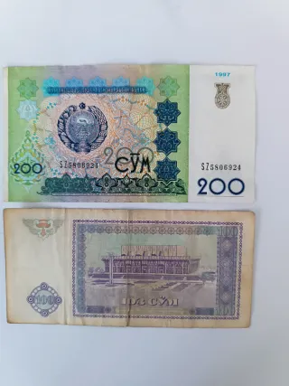2 Billetes Uzbekistán 200 y 100 Sum