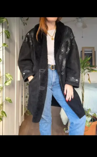 Abrigo Chaqueta Piel y Ante Grabado Vintage Negra