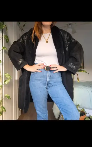 Abrigo Chaqueta Piel y Ante Grabado Vintage Negra