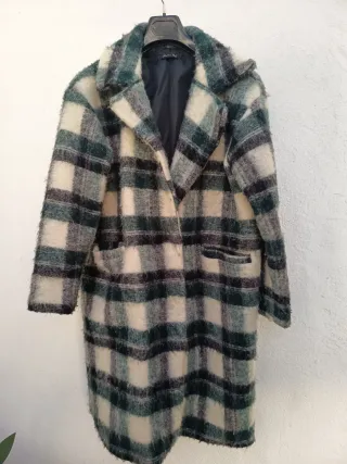 Abrigo cuadros lana beige y verde