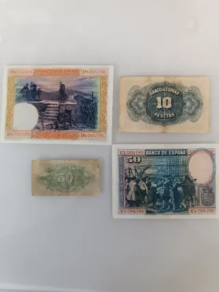 Billetes españoles: 100, 10, 50 pesetas y 50 cénti