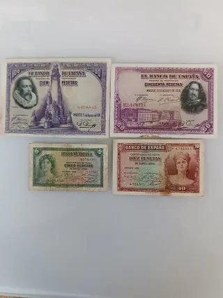 Billetes antiguos España Pesetas (100, 50, 10, 5)