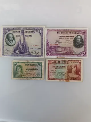 Billetes antiguos España Pesetas (100, 50, 10, 5)