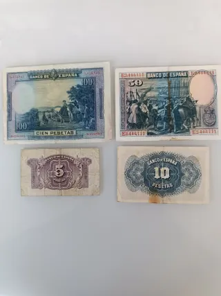 Billetes antiguos España Pesetas (100, 50, 10, 5)