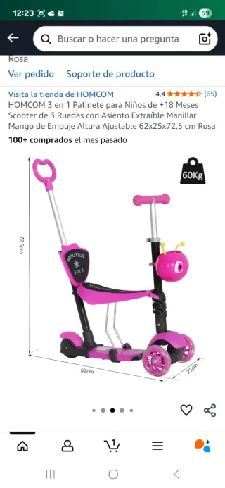 Patinete 3 en 1 HOMCOM Rosa +18 Meses