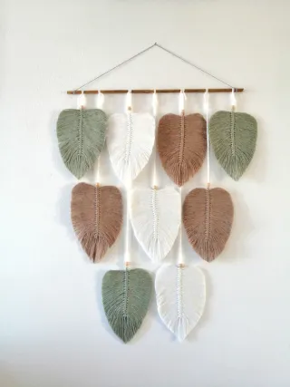 Arazzo Macrame Foglie Marrone Verde Bianco