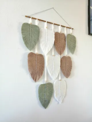 Arazzo Macrame Foglie Marrone Verde Bianco