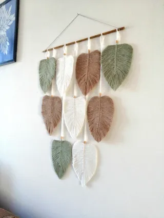 Arazzo Macrame Foglie Marrone Verde Bianco